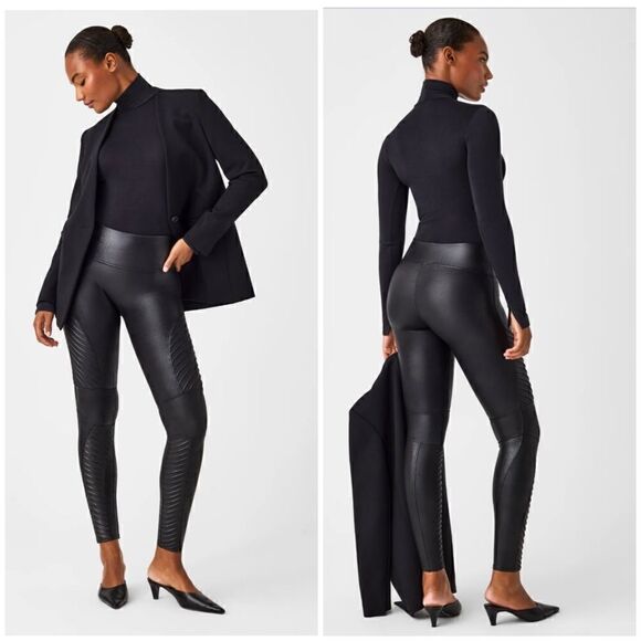SPANX Very Black Slimming Stretch Faux Leather Moto Leggings Size MP - Picture 1 of 10